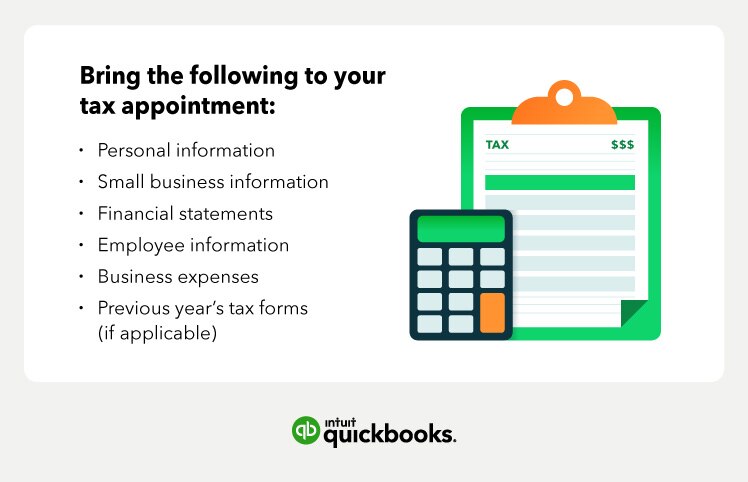Calculator and clipboard images with text depicting the information to bring to a tax appointment