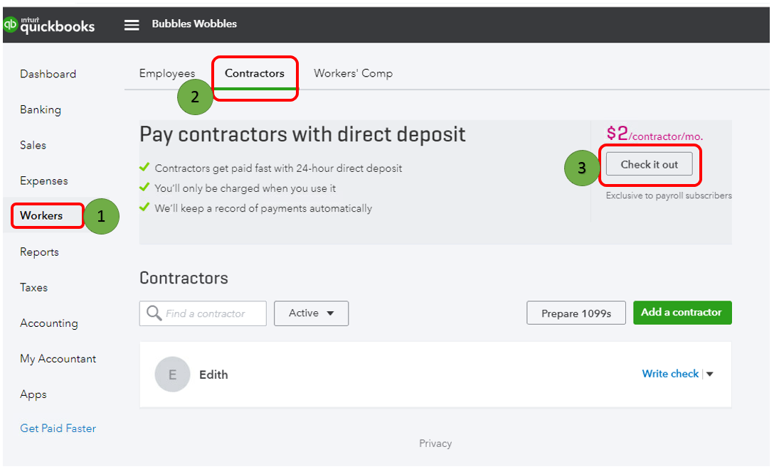 Where do you add bank info to setup using QB Contractor "payroll