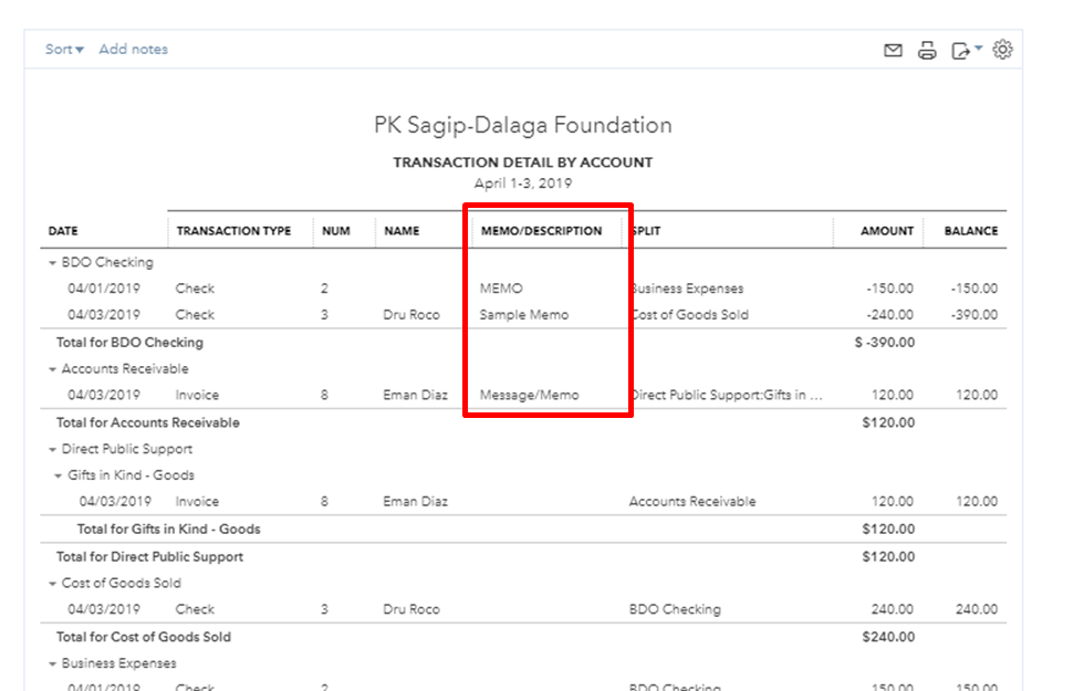 QBO Reports not showing memo/descriptions?