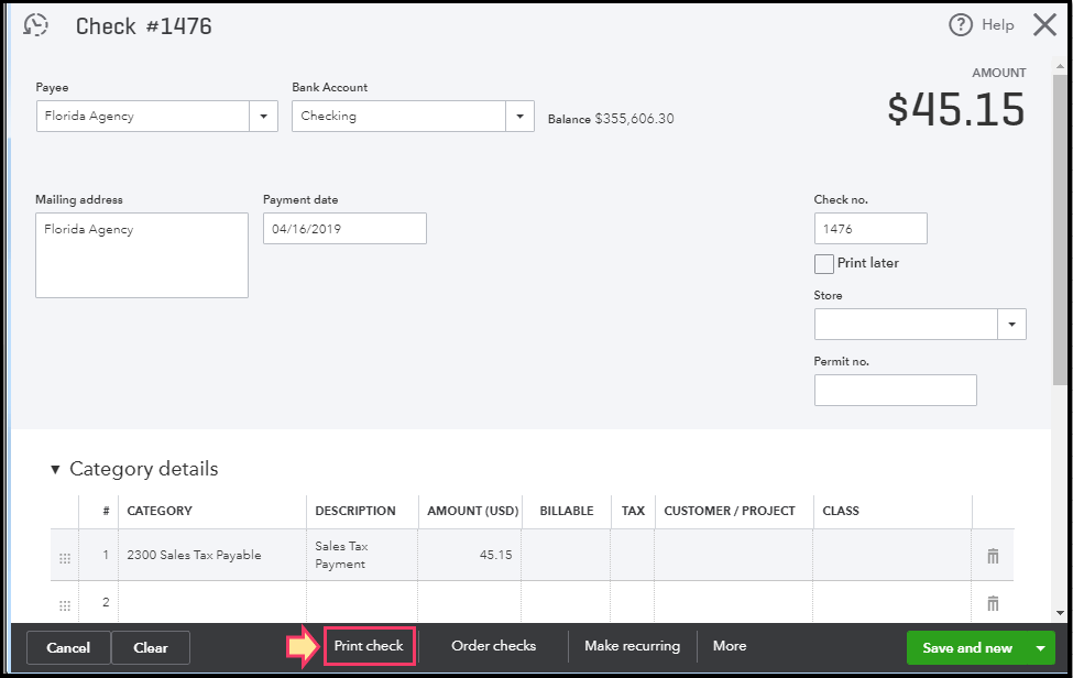How do I print a sales tax check from the new QBO