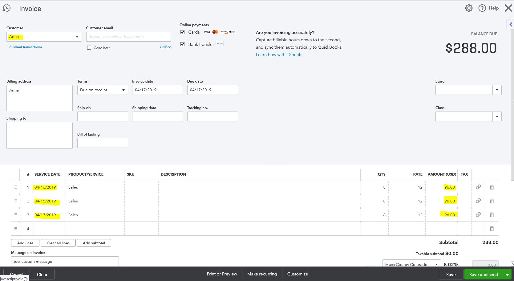 Recording warranty time and expenses in QBO