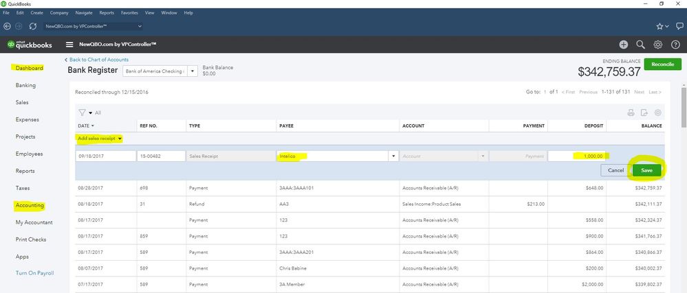 Create Sales Receipt from Bank Register