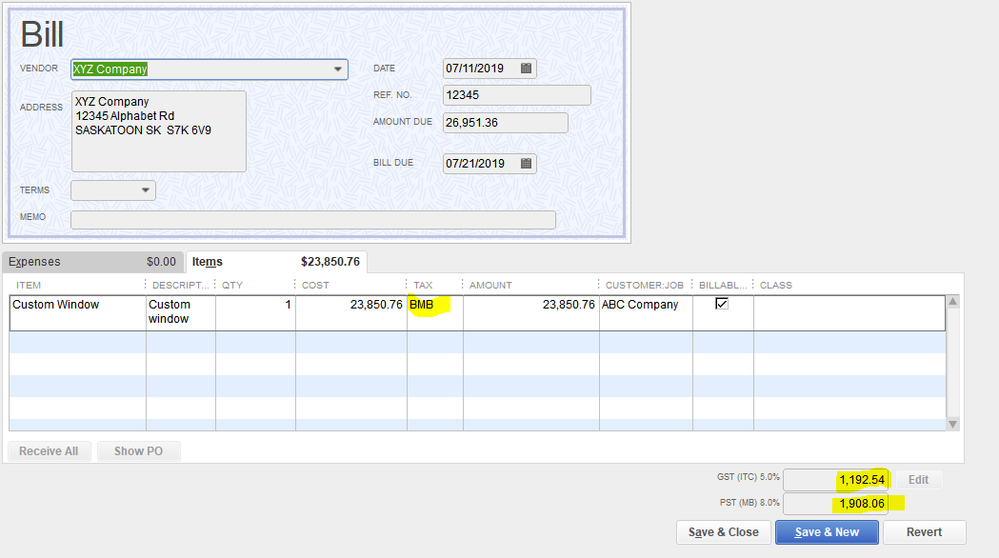 Vendor invoice marked as billable, taxes separate.PNG
