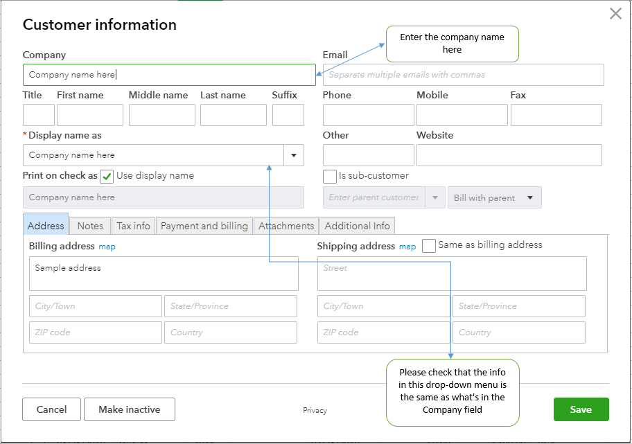 How do I take the customers name off of the Billing address I don't see