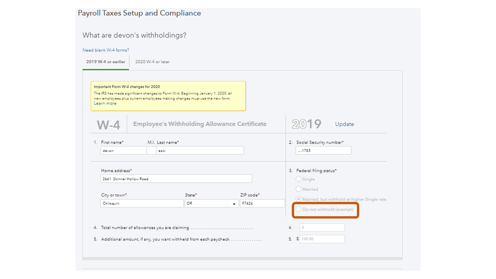 How will the W4 Employee's Withholding Certificate for 2020 be entered