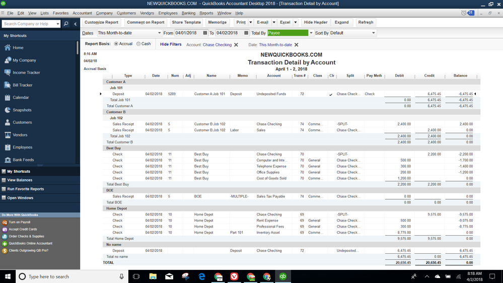 Customized Transaction Detail by Account - Total by Payee