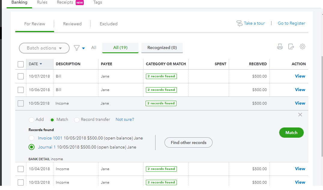 Solved: Matching downloaded transaction to a journal entry