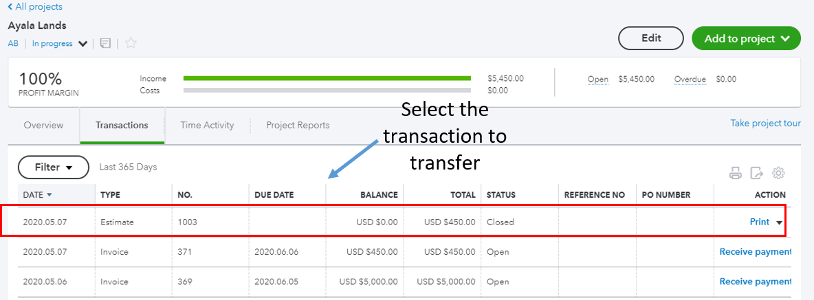 Solved: How to move transactions linked to each other to a new project
