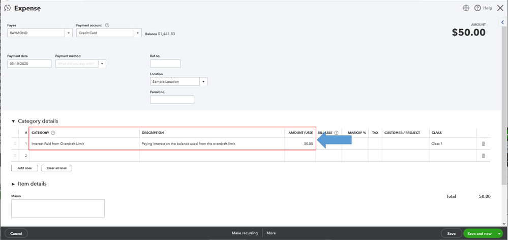 EnterExpenseToRecordInterestPaidFromOverdraftLimit.PNG
