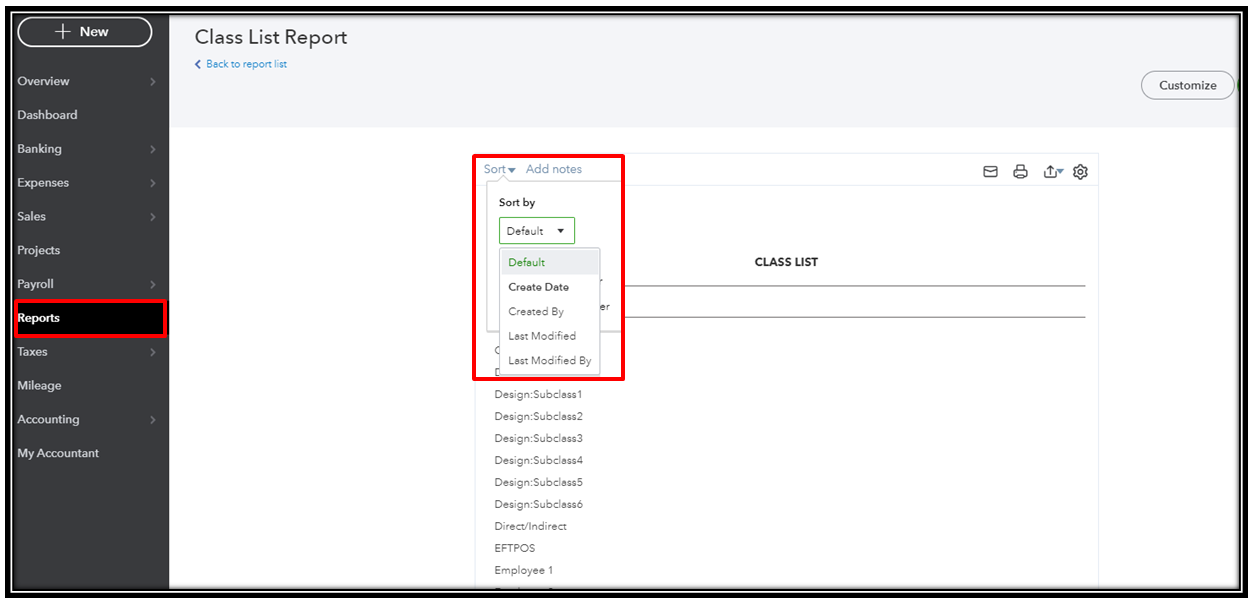 How do I change the order of classes in reports and lists?