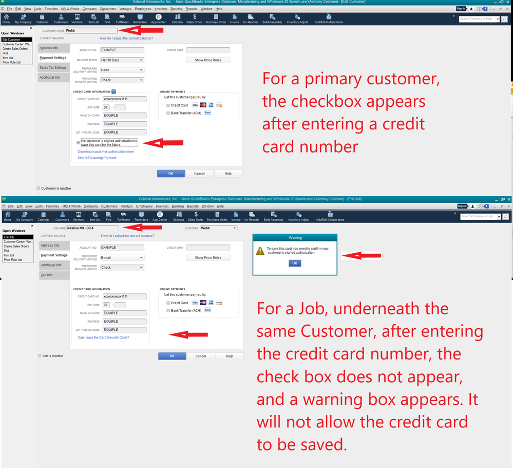 This is an overlay showing the difference between adding a credit card to a Customer, versus adding it to a Job under the same Customer.