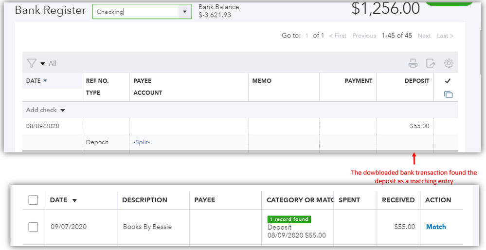 single deposit shows in the bank register and becomes a matching entry.PNG