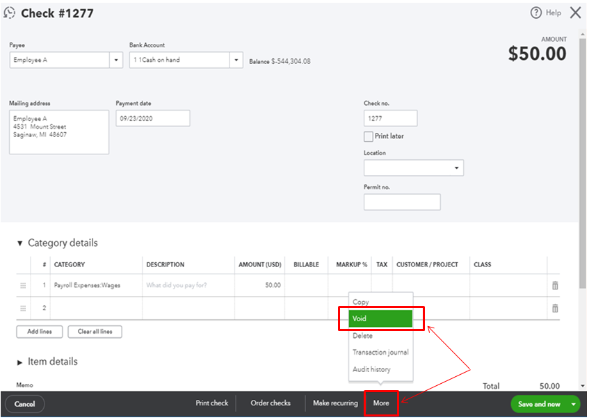 Lost a payroll check. How do I cancel the lost from my check register