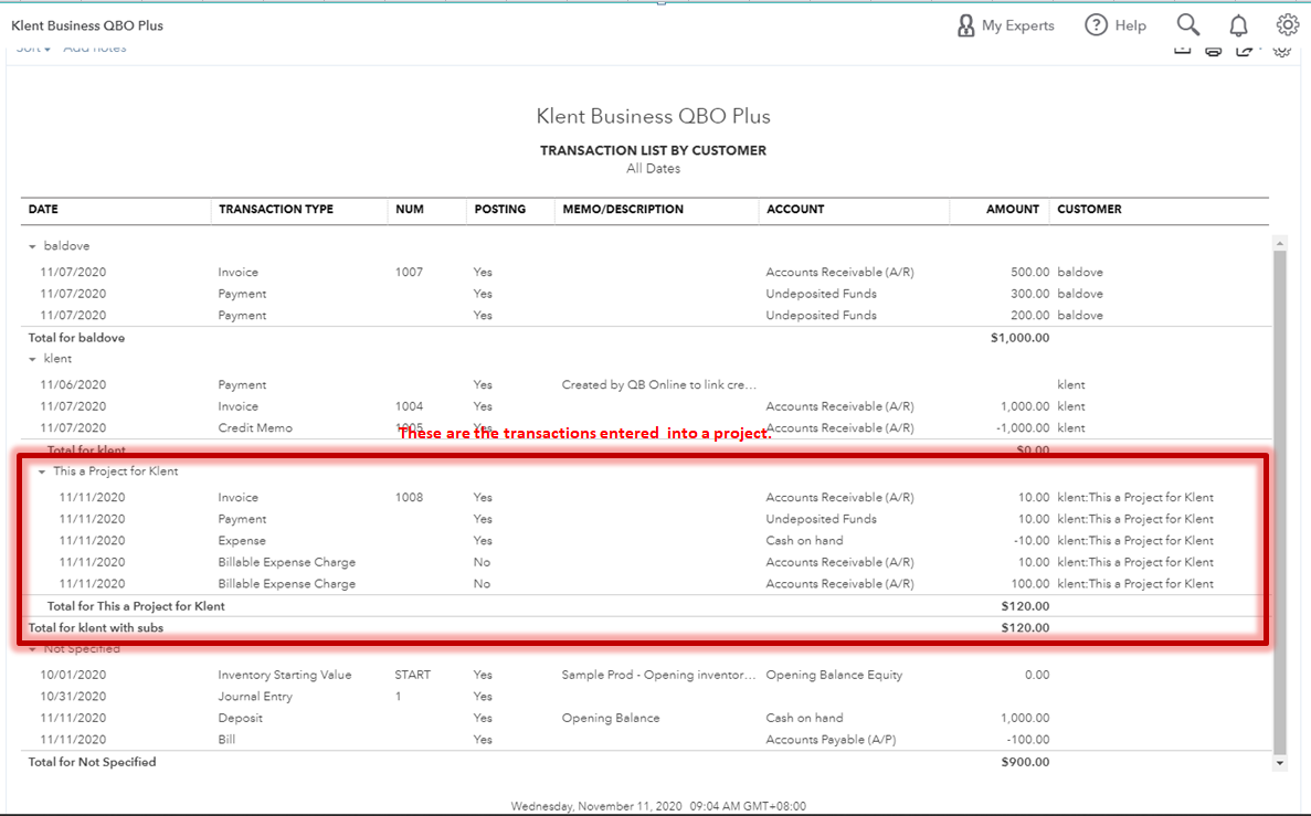 Expense report for transactions without an associated project