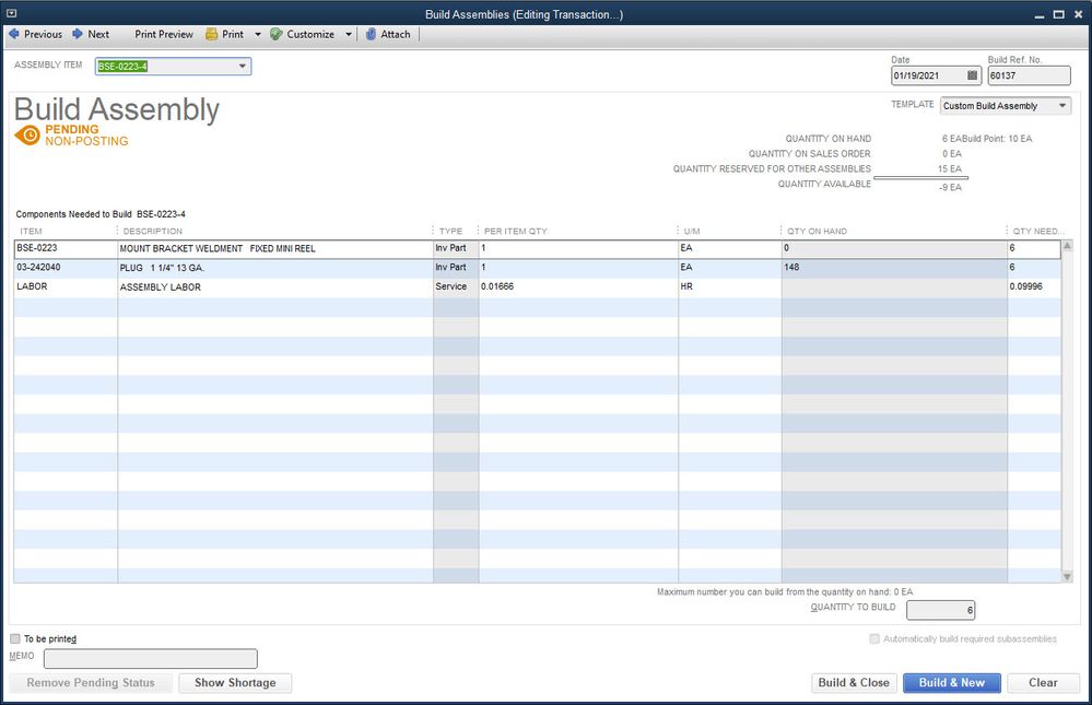 When moving a build assembly created the previous month to a new month