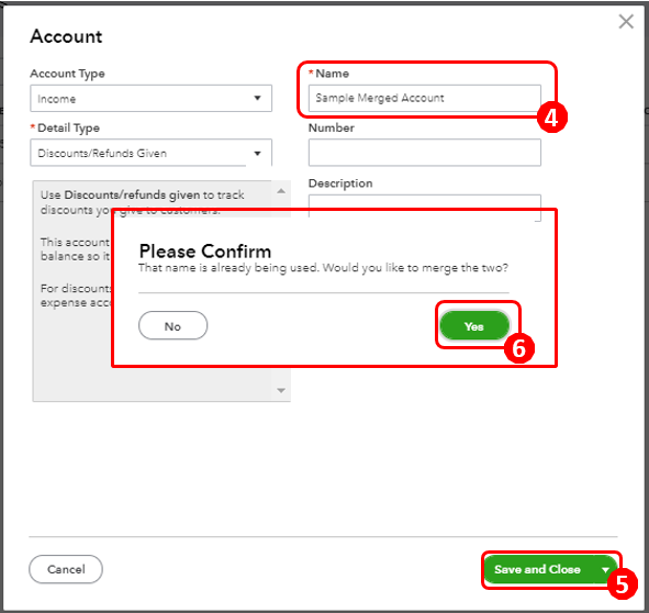 I am having trouble merging two income accounts within my chart of