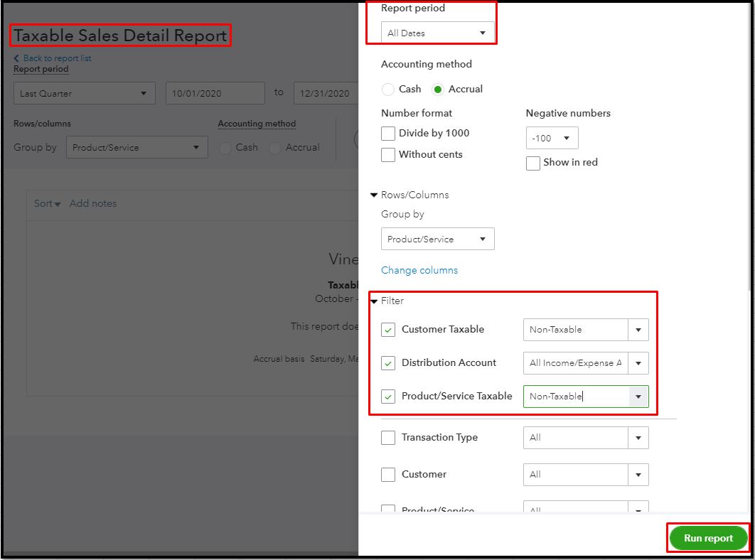 Non taxable sales not showing on sales tax report for return