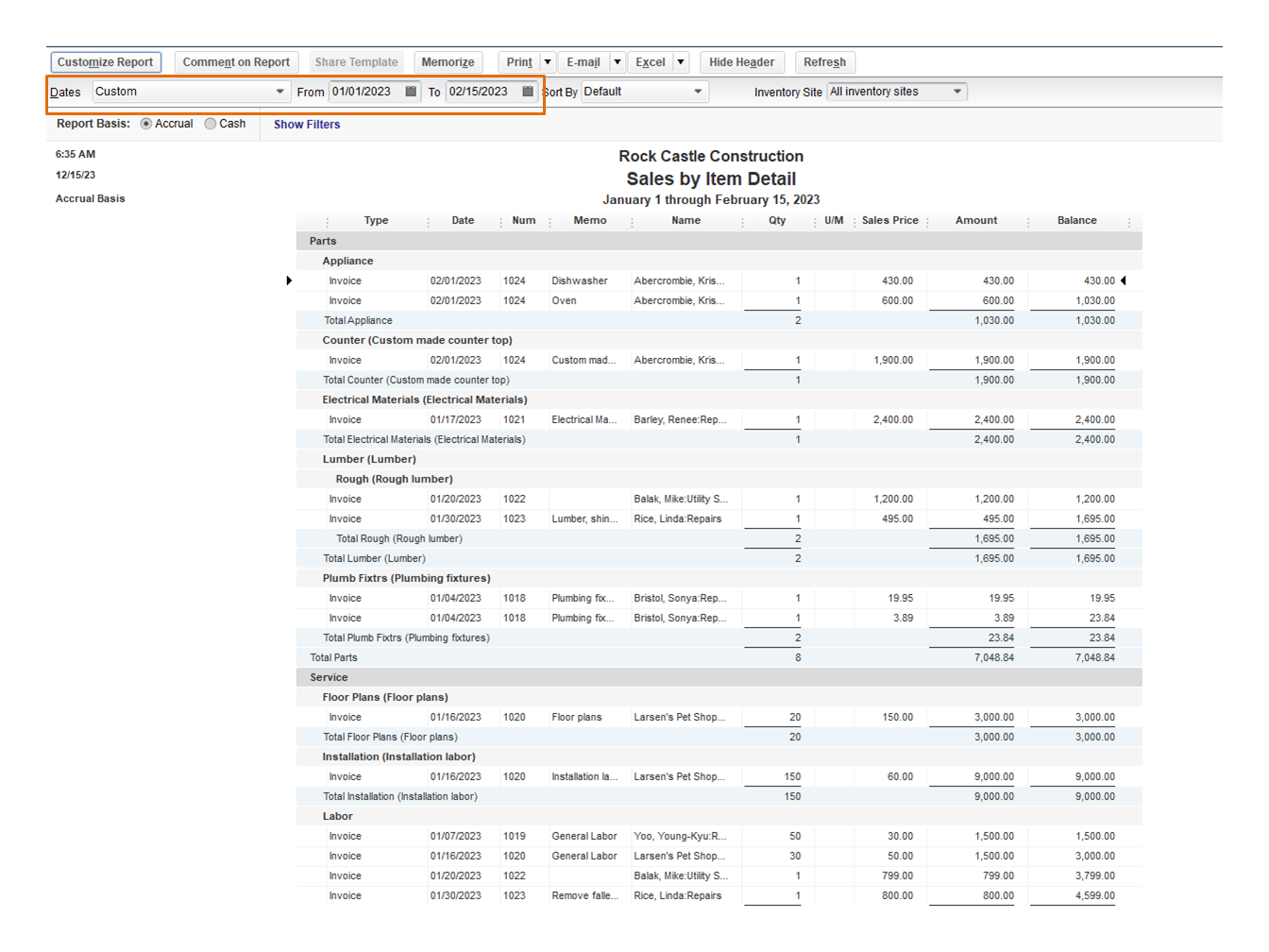 Does Quickbooks reporting allow me to computer ite...