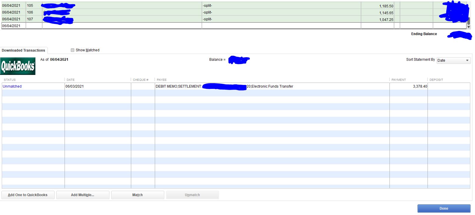 Solved Matching 3 payroll transactions in QB to ONE bank entry.