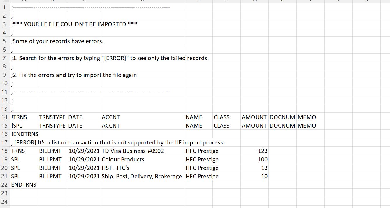 IIF format for a bill payment with multiple account lines to import ...