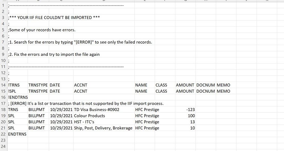 IIF format for a bill payment with multiple account lines to import