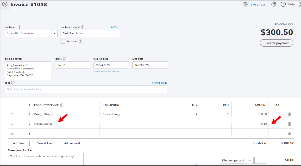 How can quickbooks online be set up to charge the customer for the