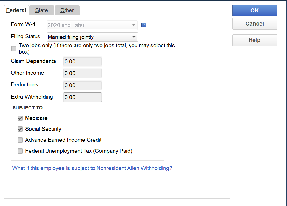 quickbooks 2020 w4 options fail to take out any taxes.png