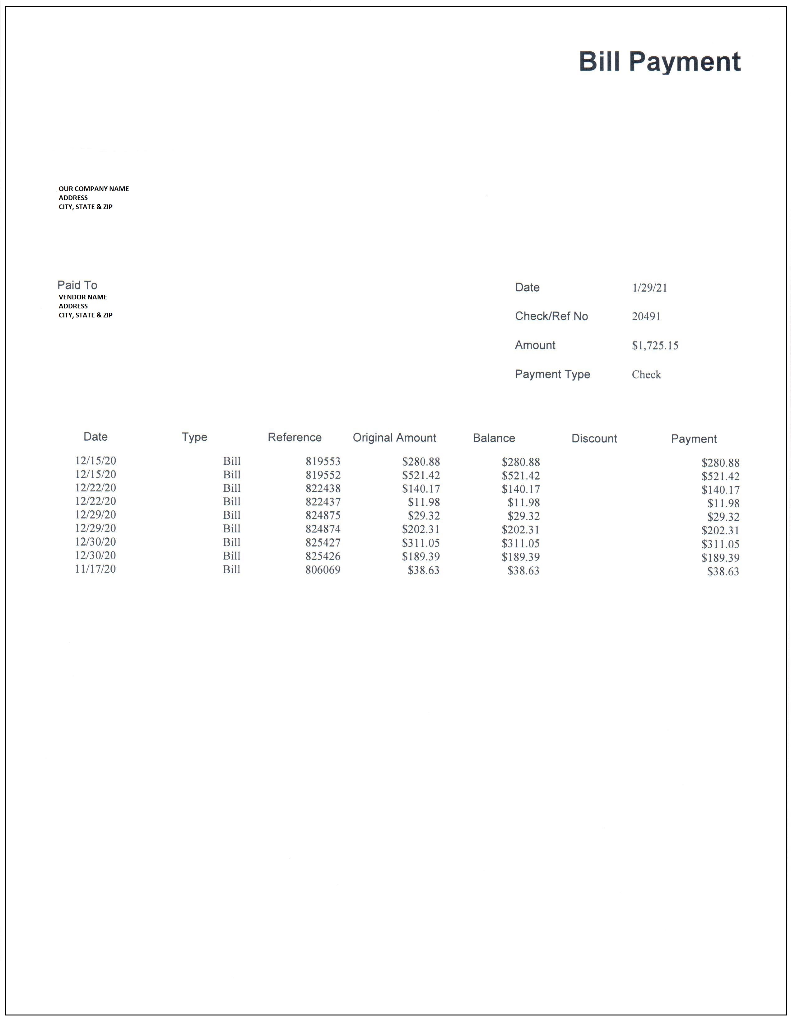 Quickbooks Desktop Bill Payment Stub Template 8714