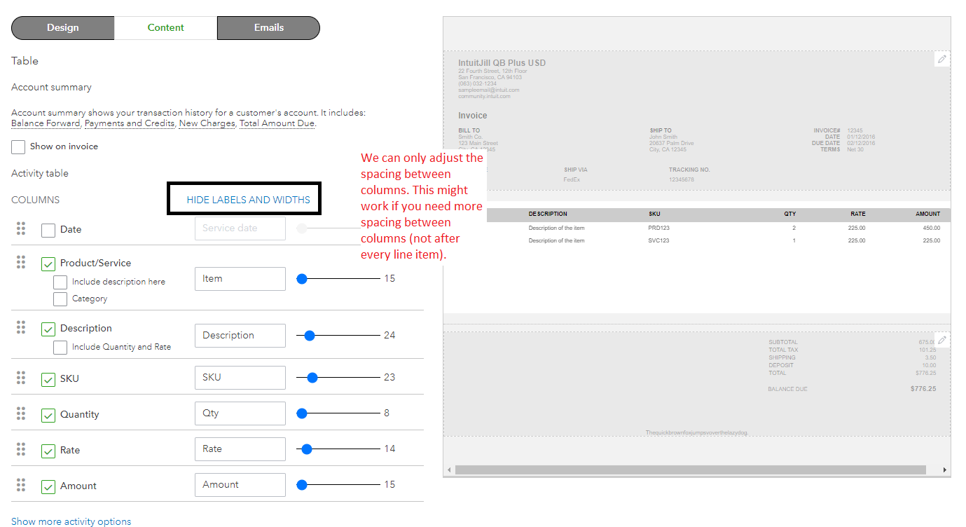 How can I edit the spacing between line items on an invoice or