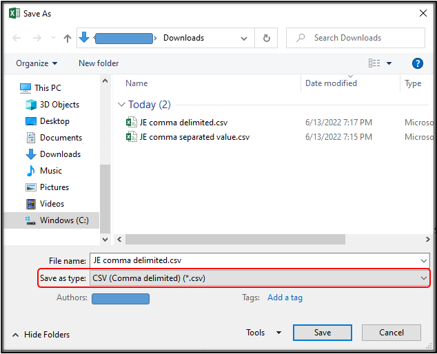 save the file as CSV comma delimited.PNG save the file as CSV comma delimited.PNG