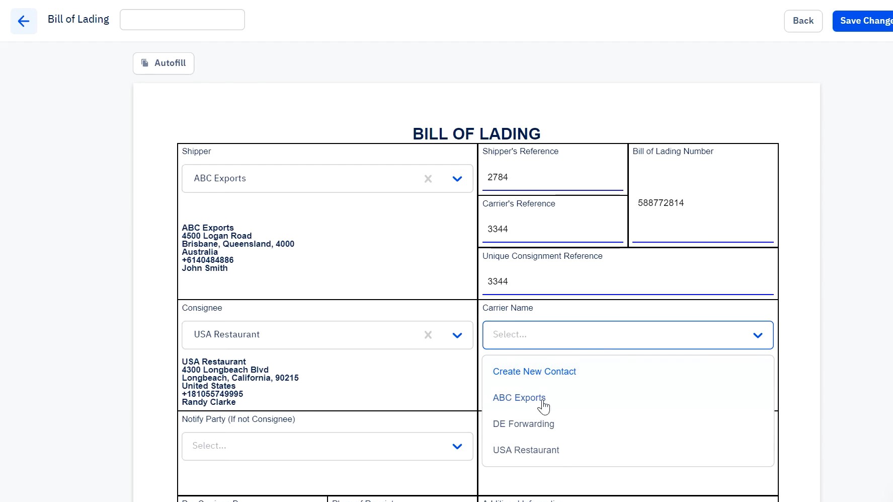 Create a Bill of Lading