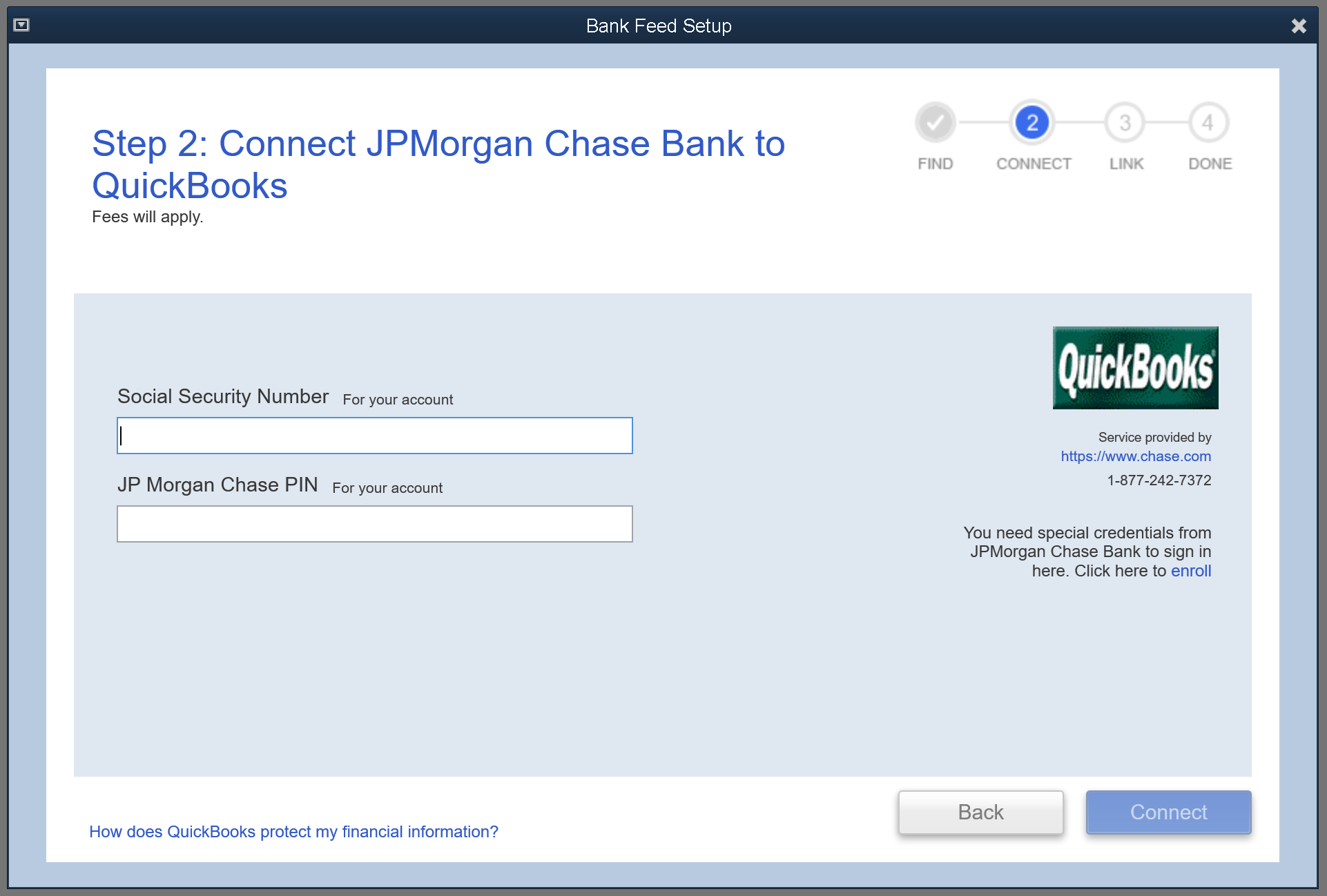 Connect to Chase bank feed 4 digit password