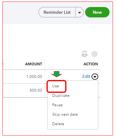 Reminder in Recurring Transactions