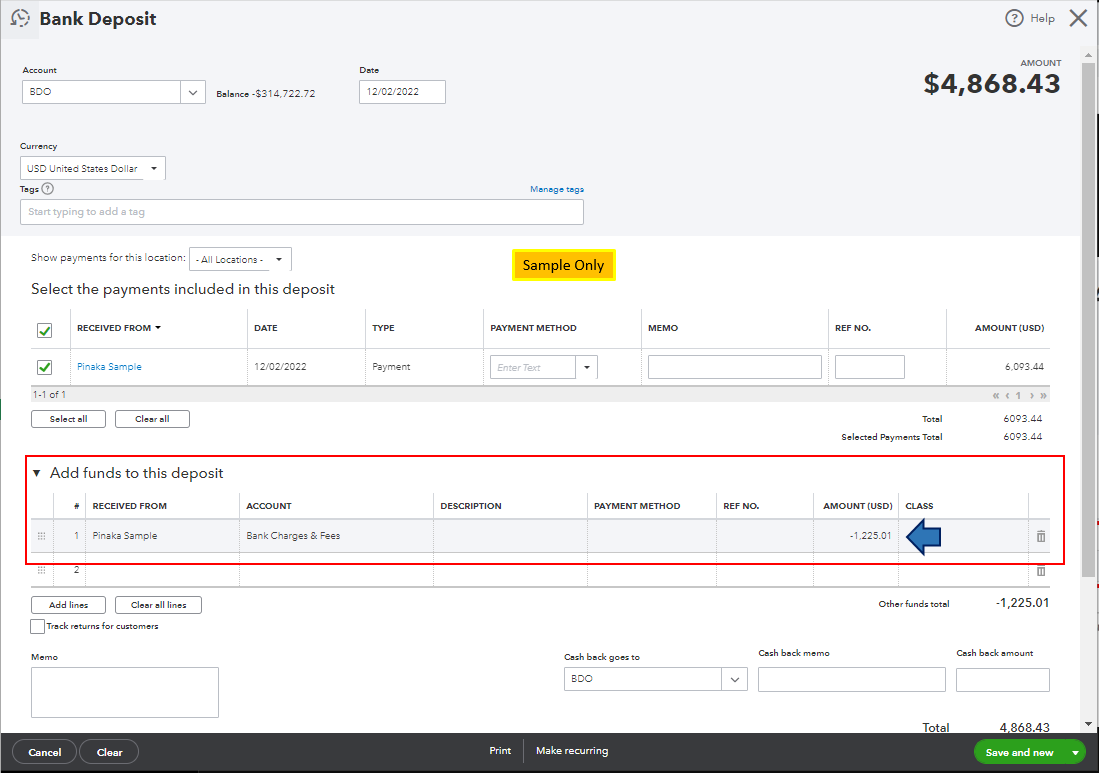 credit card processing fee deducted from credit card chrges deposit