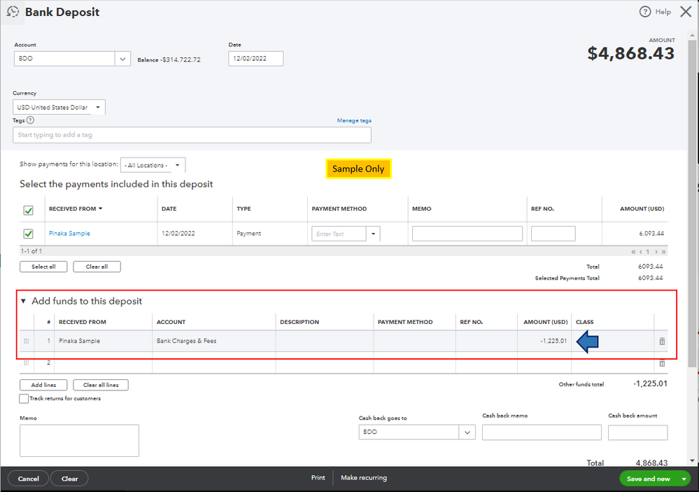 credit card processing fee deducted from credit card chrges deposit