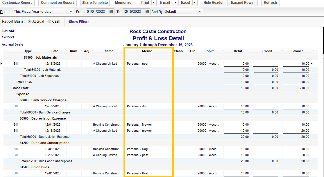 Reports Memo Field Filter