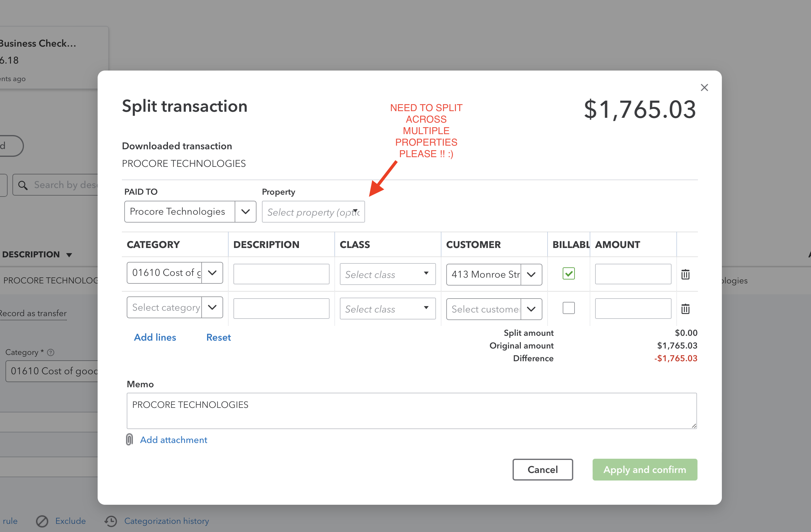 How to split a bank transaction (expense) to multiple locations?