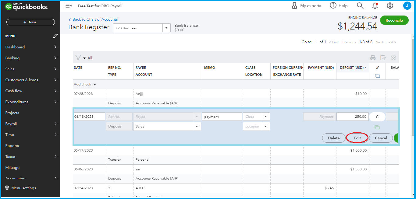 Can I edit a deposit in QBs online?