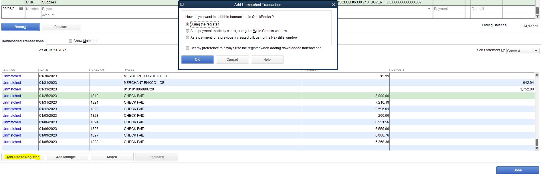 Adding checks manually to Register in Classic mode