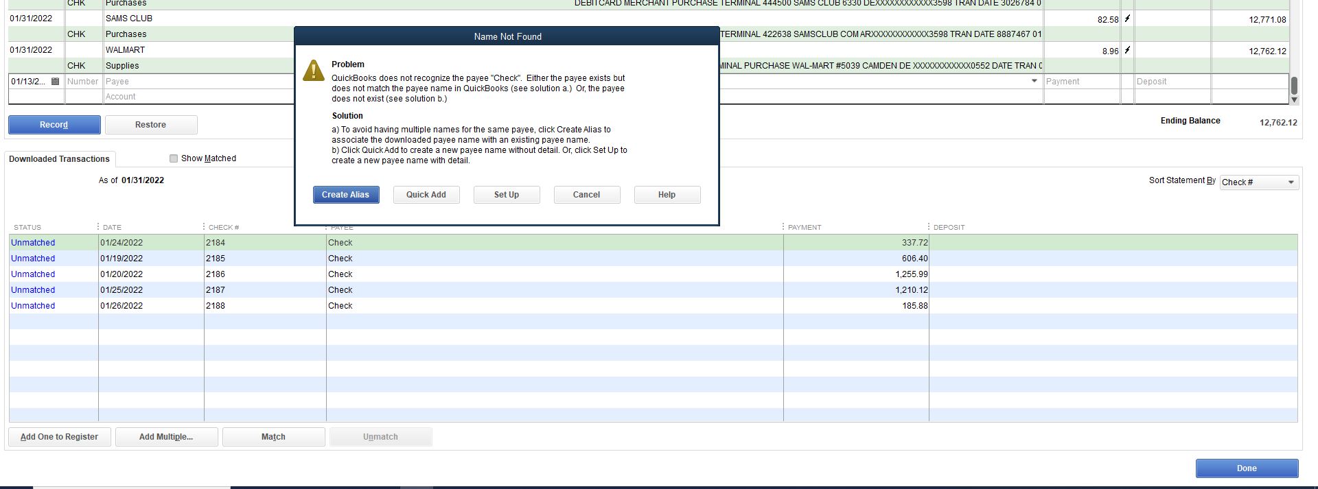 Adding checks manually to Register in Classic mode