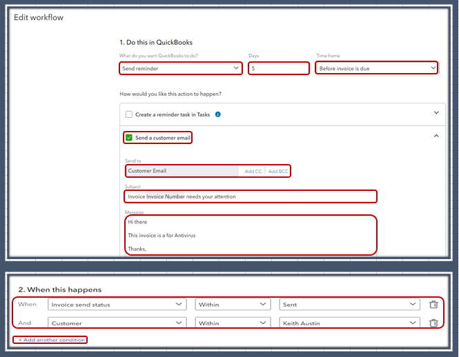 Are there Product conditions in QBO Advanced invoice reminder workflows