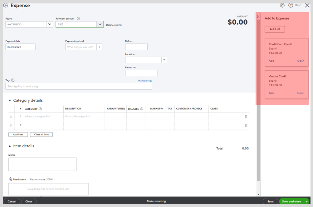 How to enter a canceled purchase order that was refunded to a credit card?