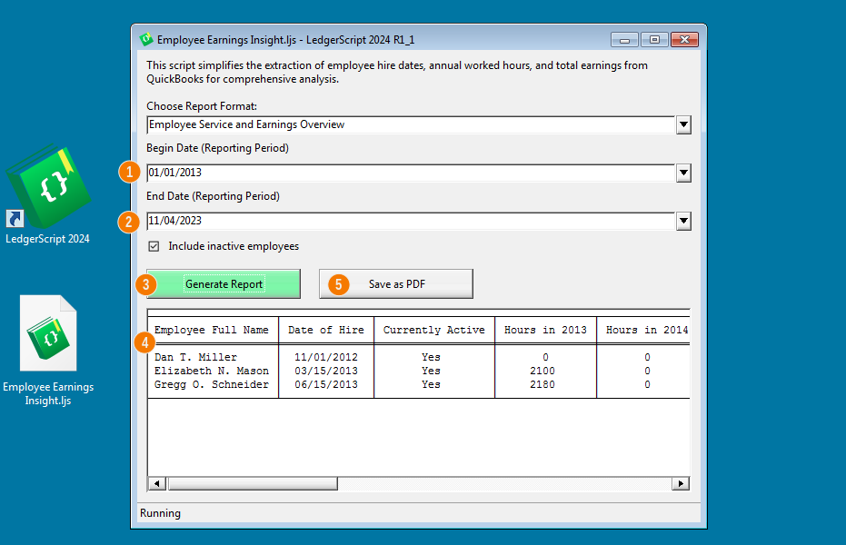I need a report showing employees hire date, hours worked in each year