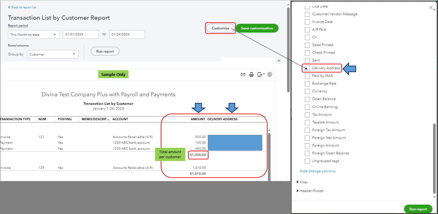 sales report with addresses quickbooks online