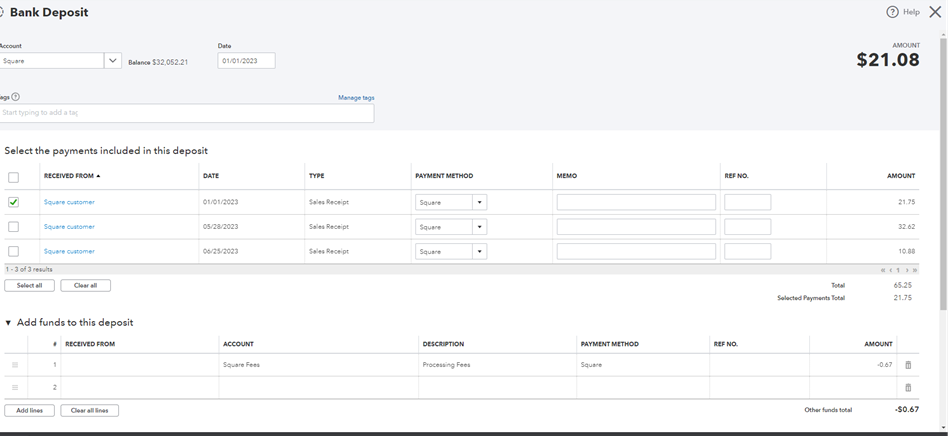 Square Sales transactions