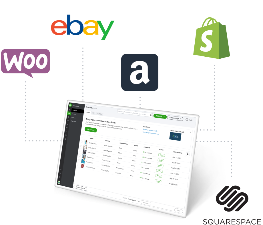 eCommerce app logos next to QuickBooks small business accounting dashboard