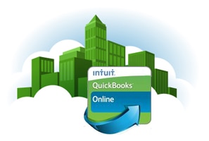 Cartoon cityscape with an Intuit QuickBooks badge
