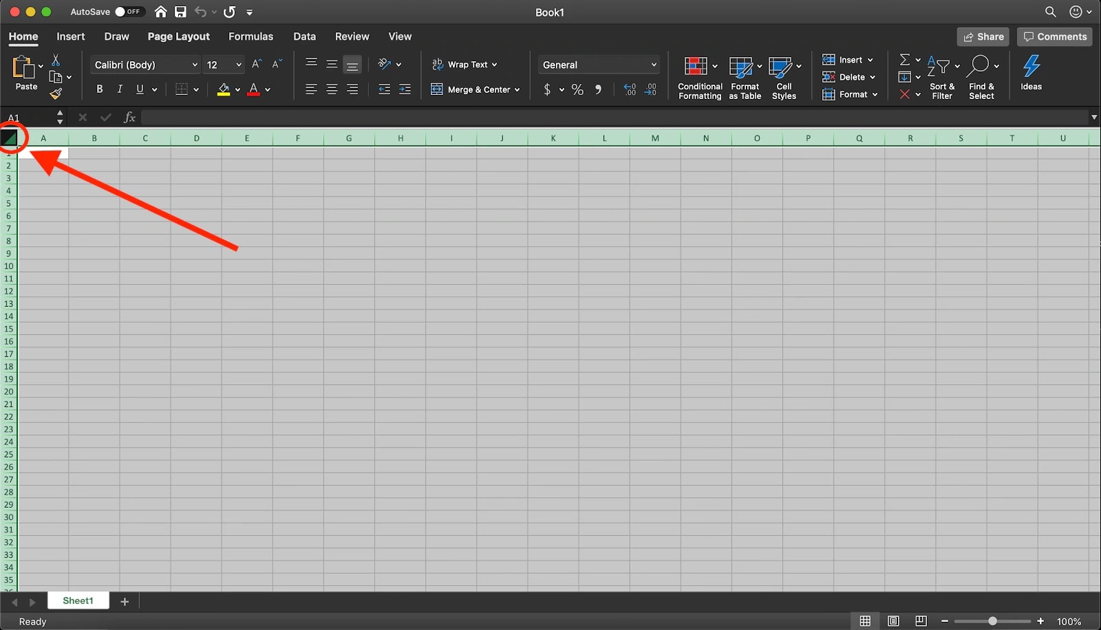 screenshot of Excel spreadsheet with a red arrow pointing to a square symbol in the top left-hand corner