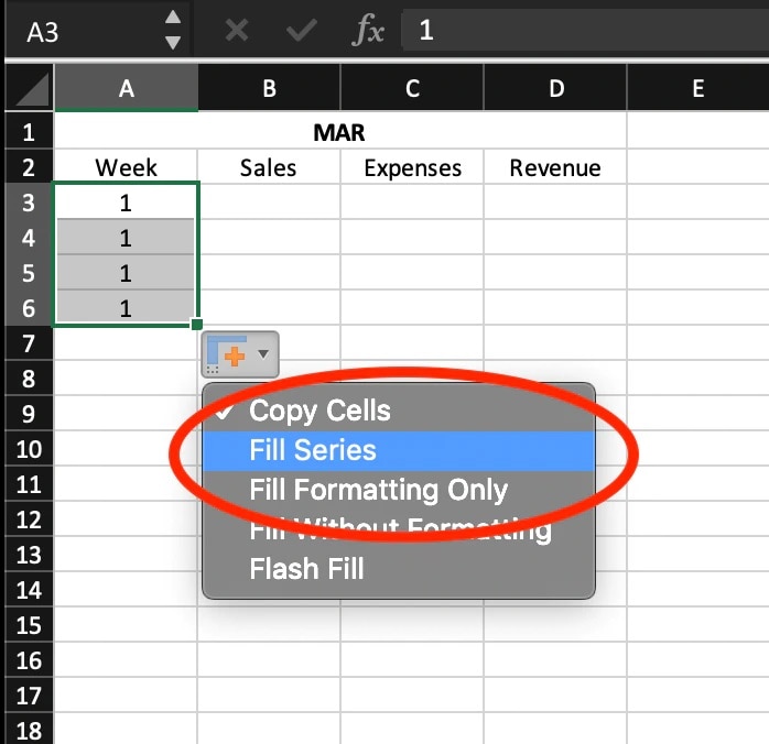 screenshot of an Excel spreadsheet entitled “MAR” with dropdown menu, and “Fill Series” option selected.