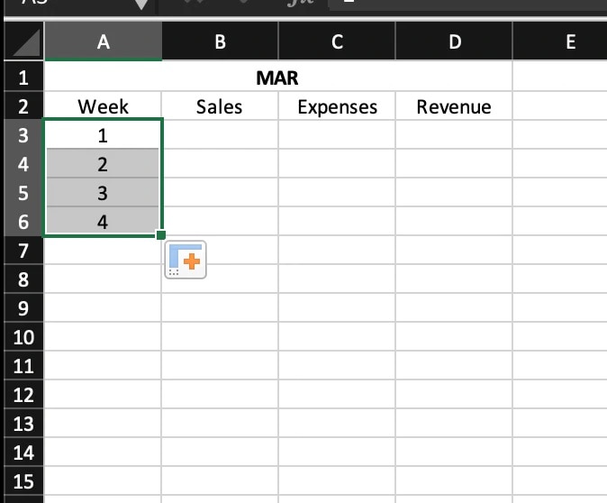 screenshot of an Excel spreadsheet entitled “MAR” and showing four columns and five rows, with Weeks 1 through 4 highlighted.